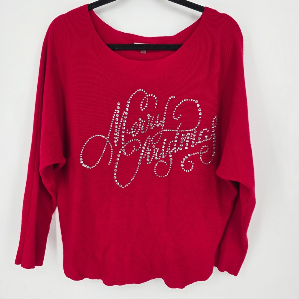Vila Milano Womens Rhinestone Embellished Red Knit Pullover Sweater Christmas XL